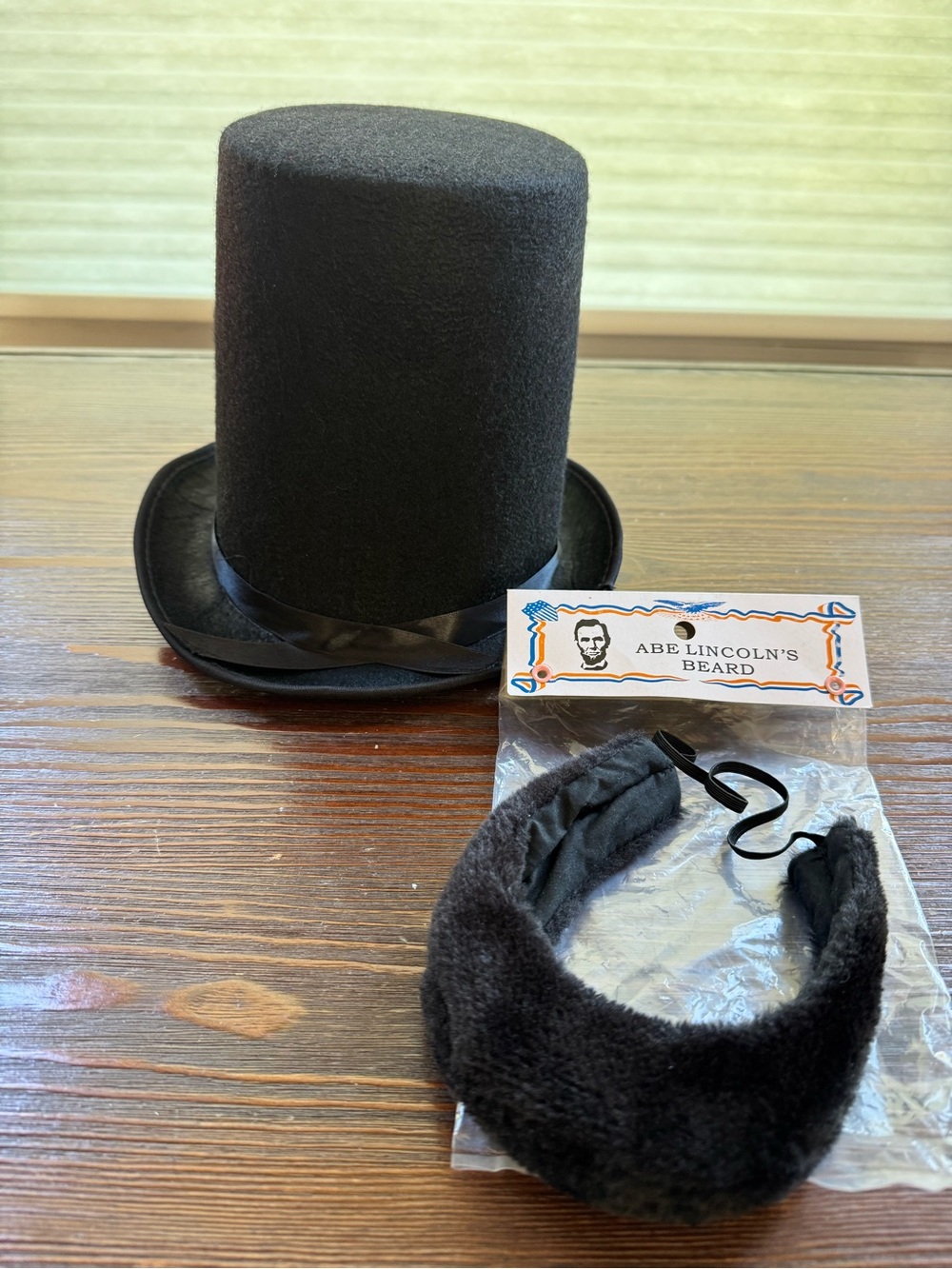 Abe Lincoln 8" Stovepipe Top Hat & Beard Set Black Felt kids costume Halloween